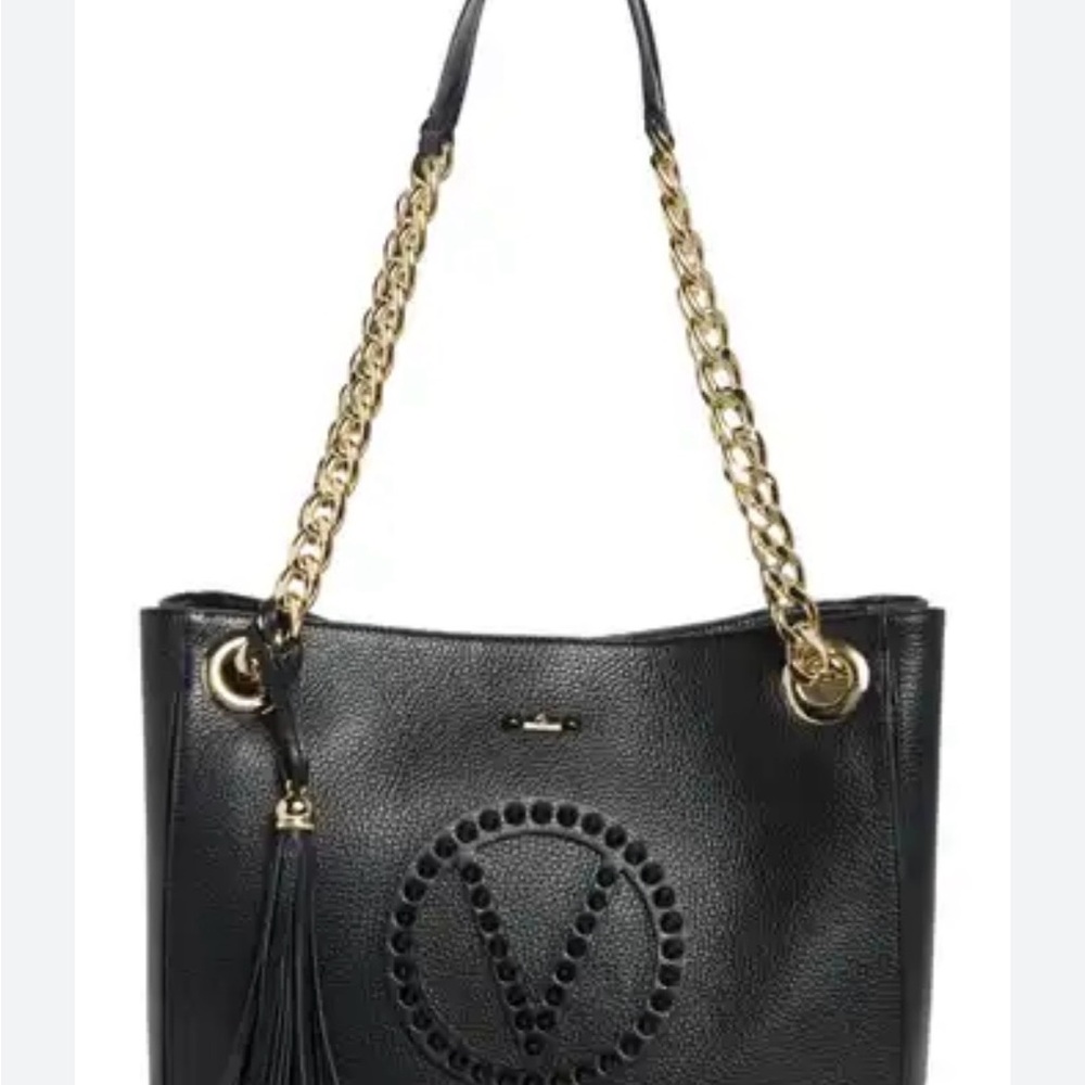Black Leather Tote Bag with Gold Chain